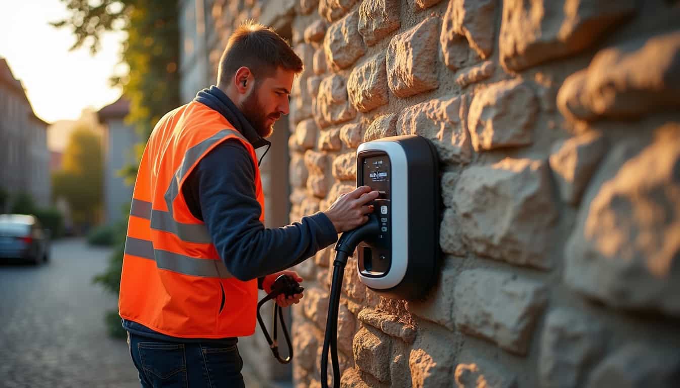 Électricien en train d’installer une borne de recharge électrique à Valdahon