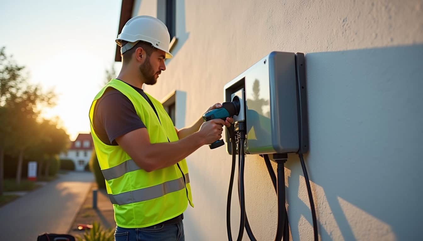 Électricien en train d'installer une borne de recharge électrique à Varennes-Saint-Sauveur