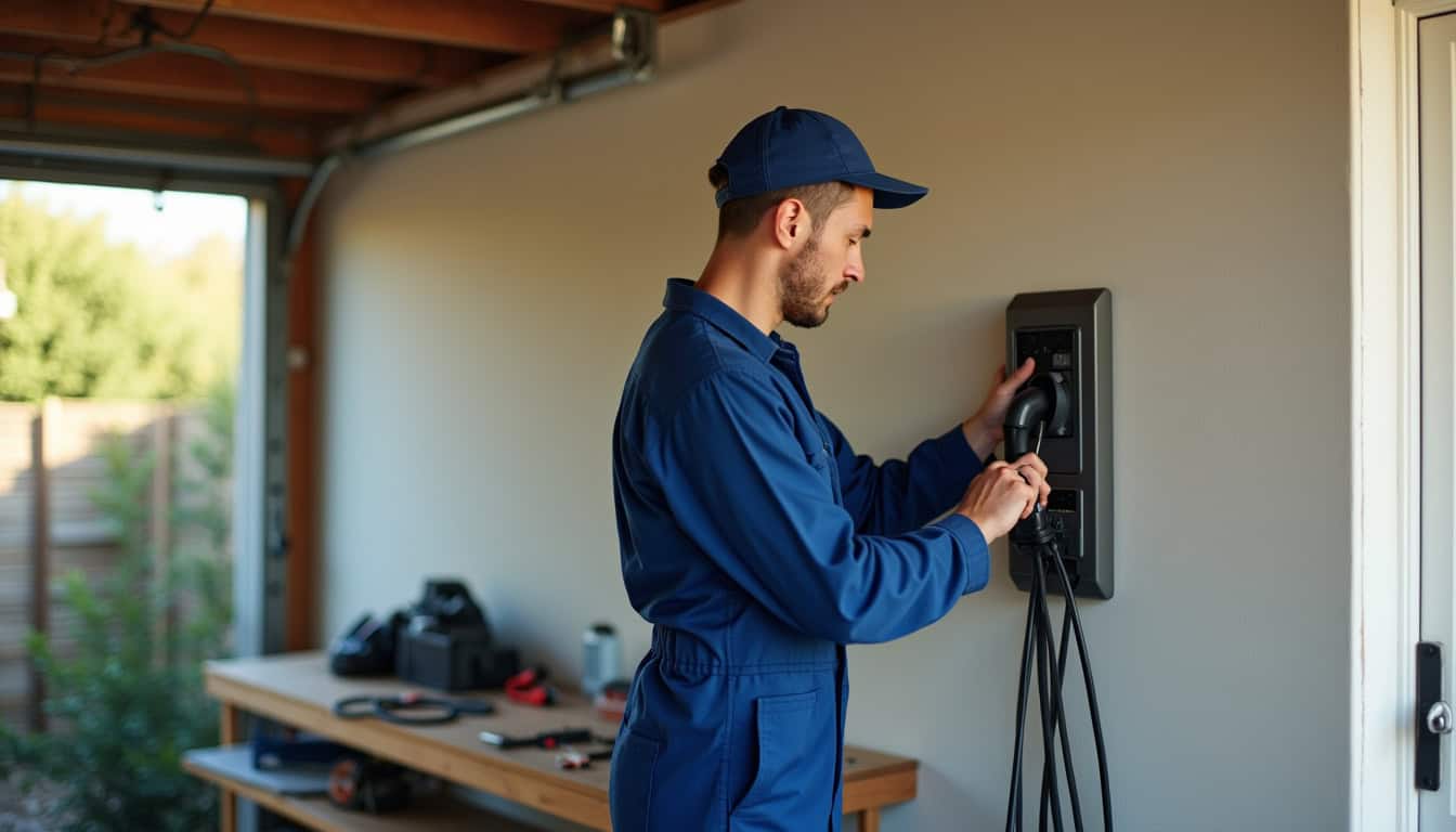 Électricien en train d’installer une borne de recharge électrique chez un particulier