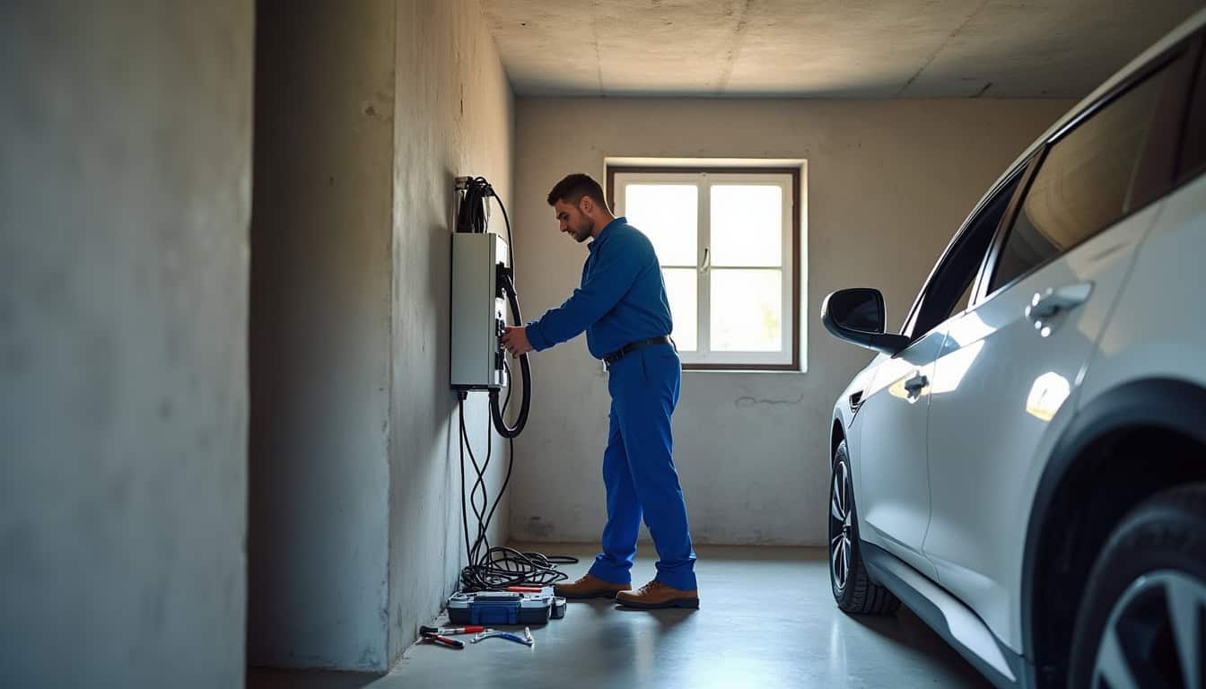 Électricien en train d’installer une borne de recharge électrique dans un garage à Bures-sur-Yvette