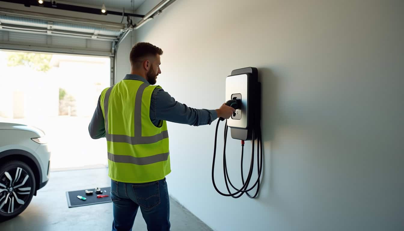 Électricien en train d'installer une borne de recharge électrique dans un garage à Chalais