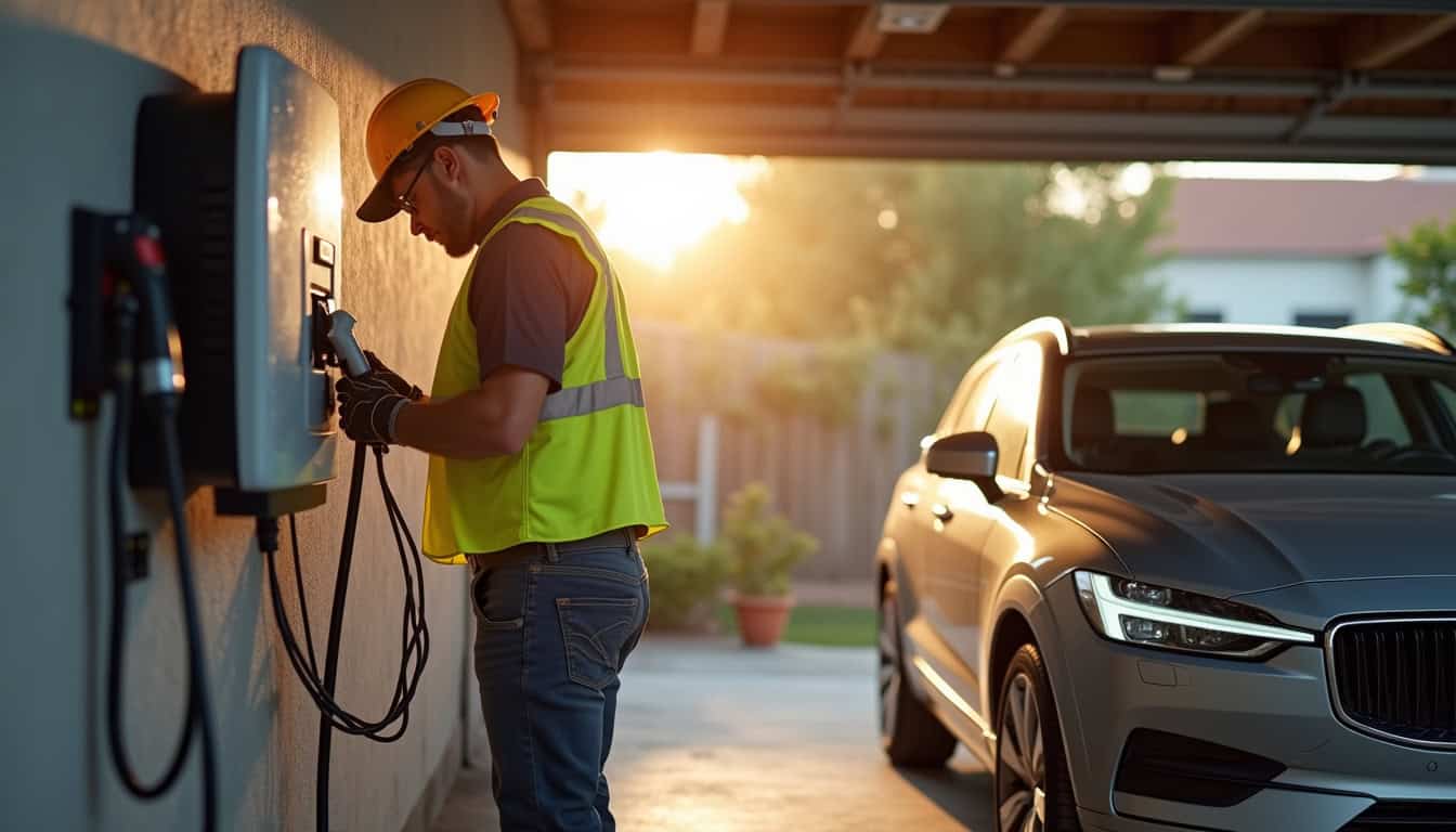 Électricien en train d'installer une borne de recharge électrique dans un garage à Damazan