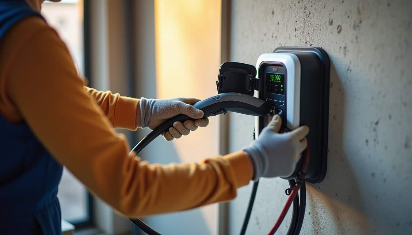 Électricien en train d’installer une borne de recharge électrique dans un garage à Fougères
