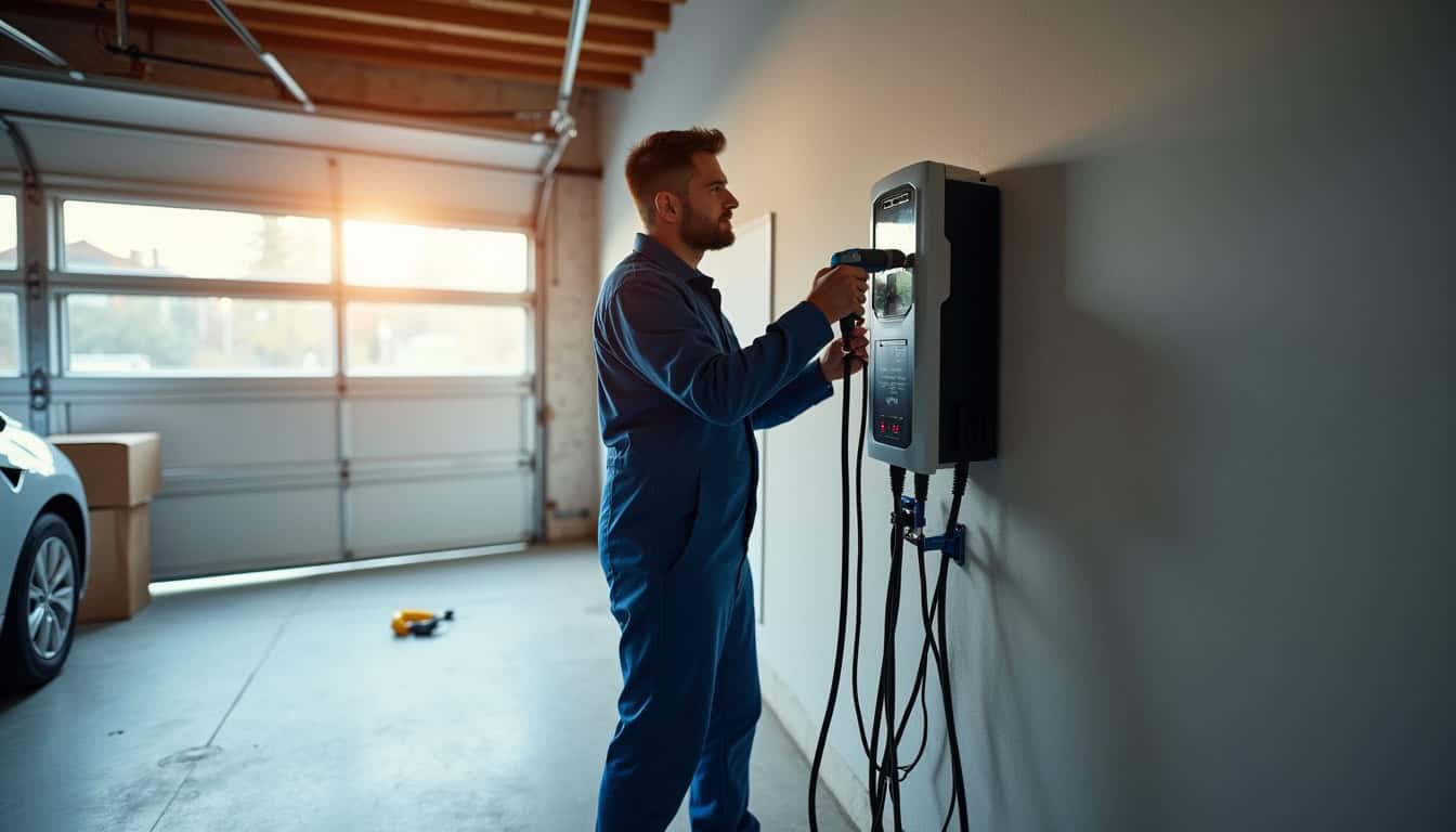 Électricien en train d'installer une borne de recharge électrique dans un garage à Saint-Sulpice-les-Feuilles