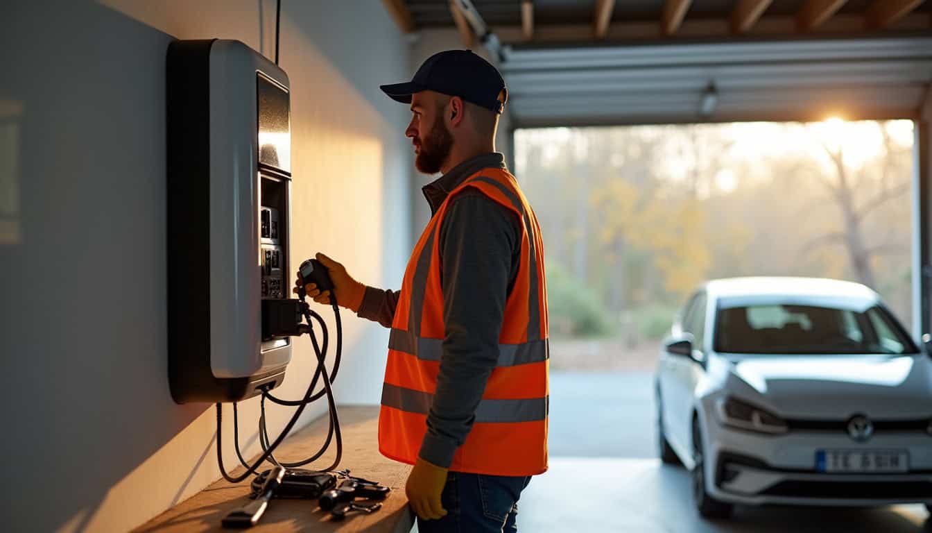 Électricien en train d’installer une borne de recharge électrique dans un garage à Vigy