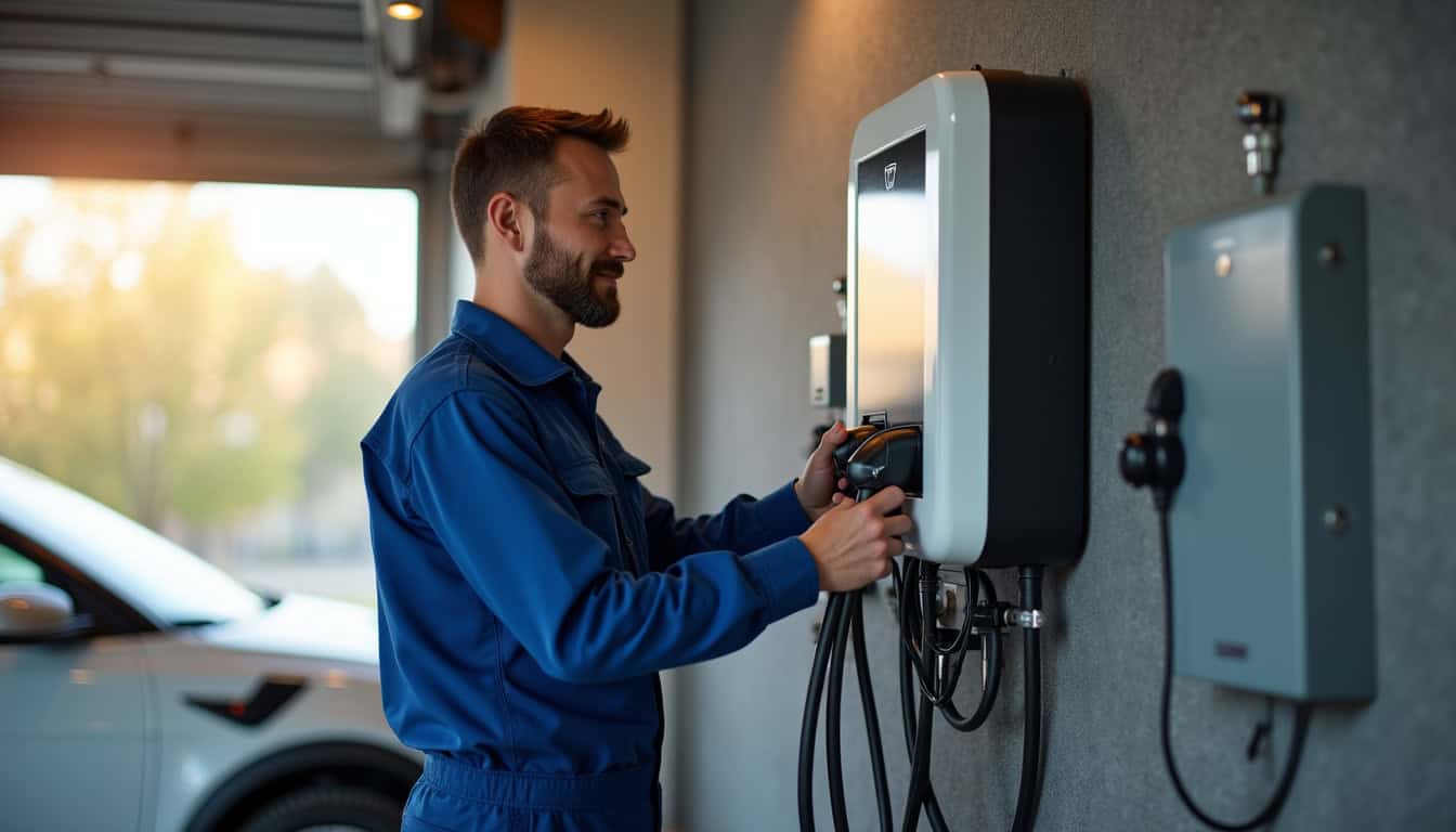 Électricien en train d'installer une borne de recharge électrique dans un garage dans le Gard