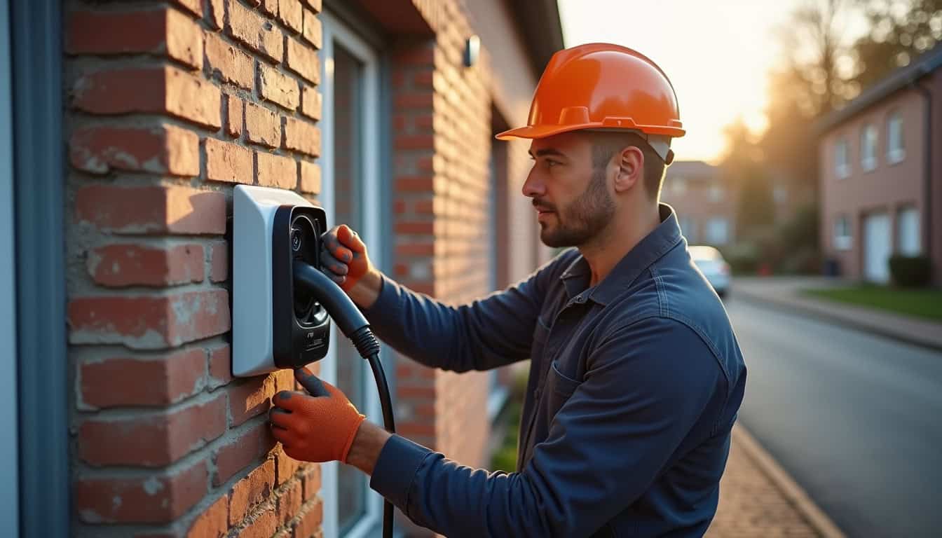 Électricien en train d’installer une borne de recharge électrique dans une maison à Téteghem-Coudekerque-Village