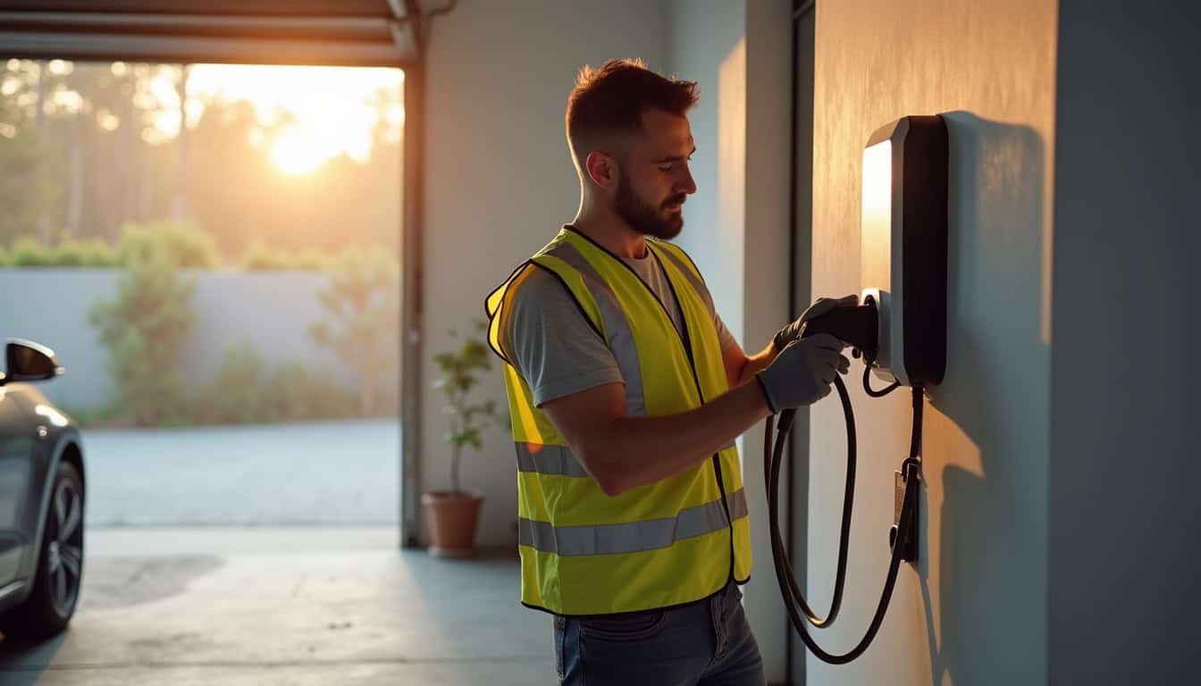 Électricien en train d’installer une borne de recharge électrique dans une maison à Virazeil