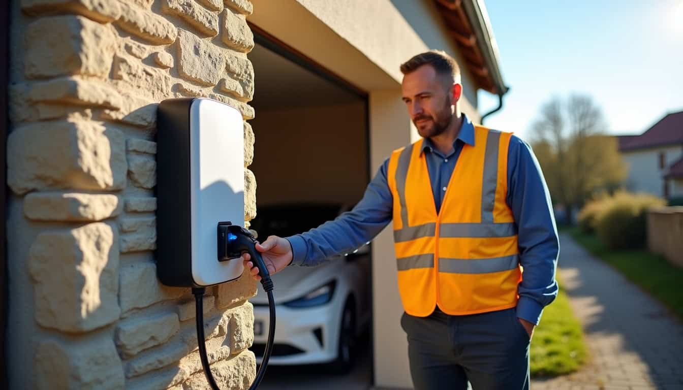 Électricien en train d’installer une borne de recharge électrique devant un garage à Farges-en-Septaine