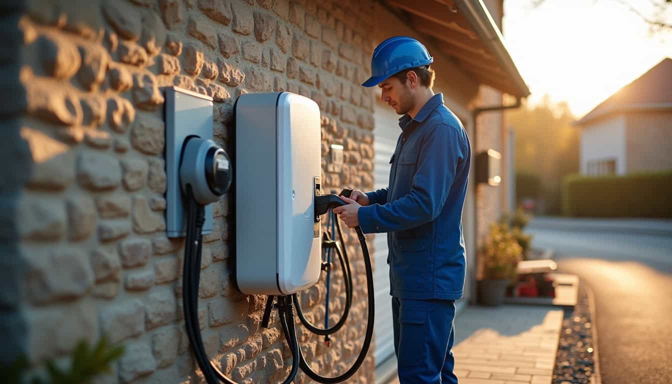 Électricien en train d'installer une borne de recharge électrique devant un garage à Lunel-Viel