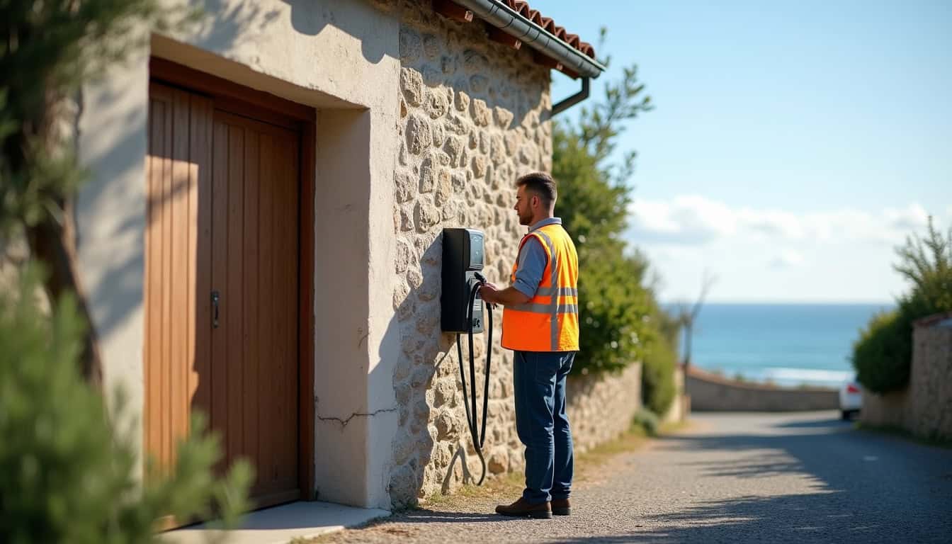 Électricien en train d’installer une borne de recharge électrique devant un garage à Vaux-sur-Mer