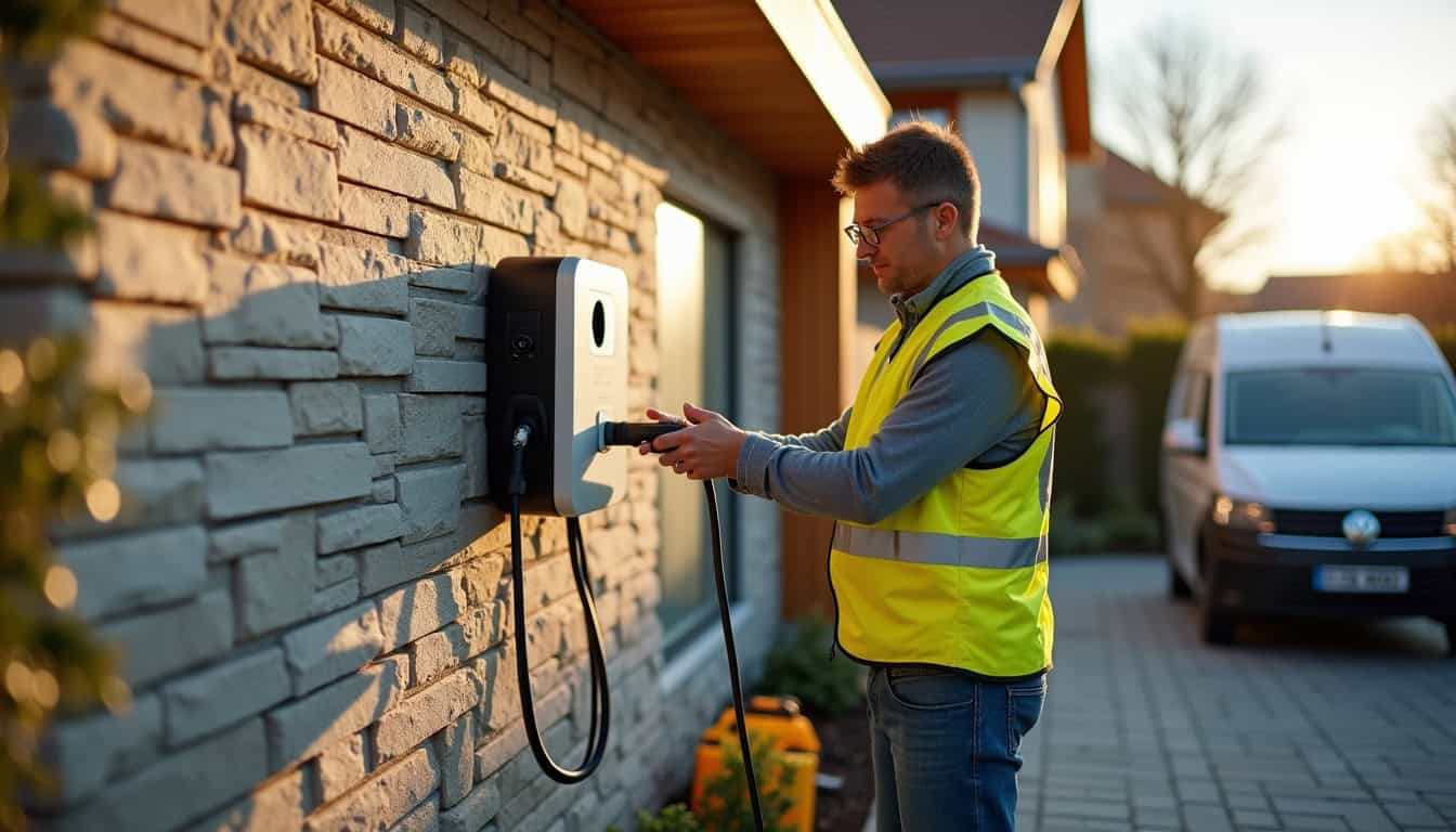 Électricien en train d'installer une borne de recharge électrique devant une maison à Les Chères