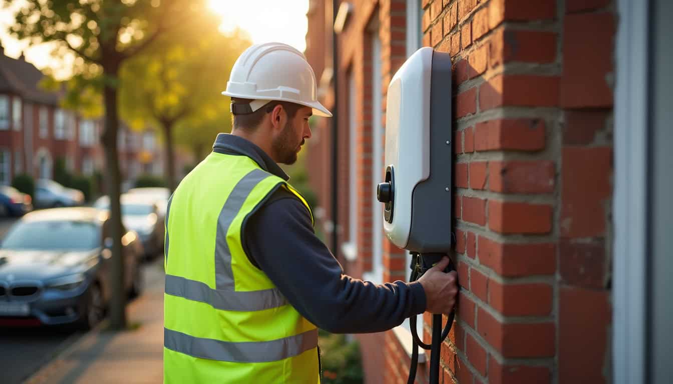 Électricien en train d'installer une borne de recharge électrique devant une maison à Retiers