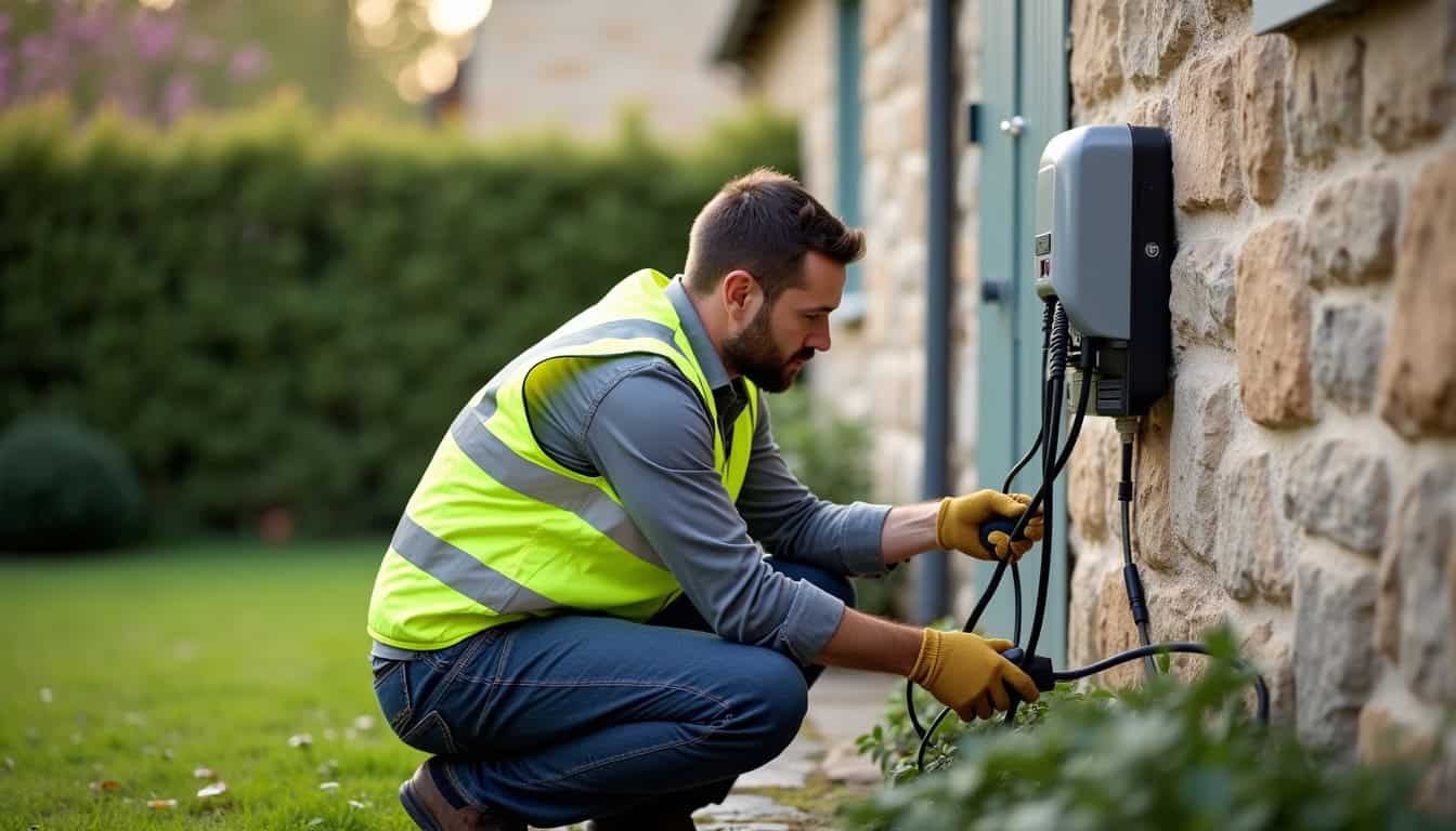 Électricien en train d'installer une borne de recharge électrique en extérieur à Trans-sur-Erdre