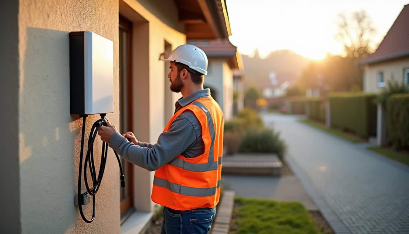Électricien en train d'installer une borne de recharge électrique sur le mur extérieur d'une maison à Saint-Aubin-sur-scie, outils à la main et câbles en place