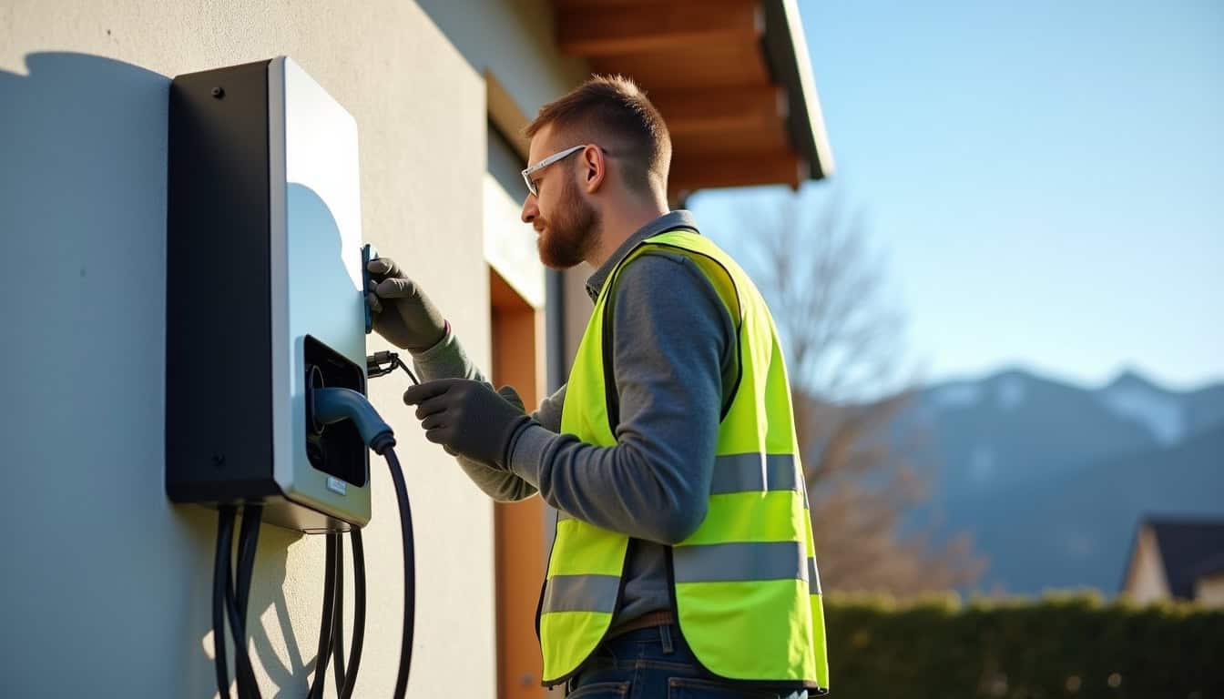 Électricien en train d’installer une borne de recharge électrique sur un mur extérieur à Vaulnaveys-le-Bas