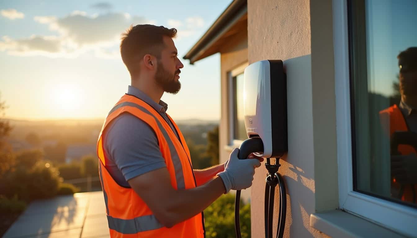 Électricien en train d'installer une borne de recharge électrique sur un mur extérieur