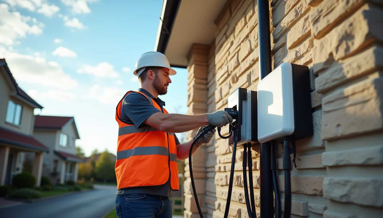 Électricien en train d'installer une borne de recharge électrique sur un mur extérieur