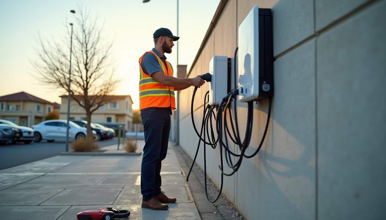 Électricien en train d’installer une borne de recharge électrique sur un parking privé à Marsat