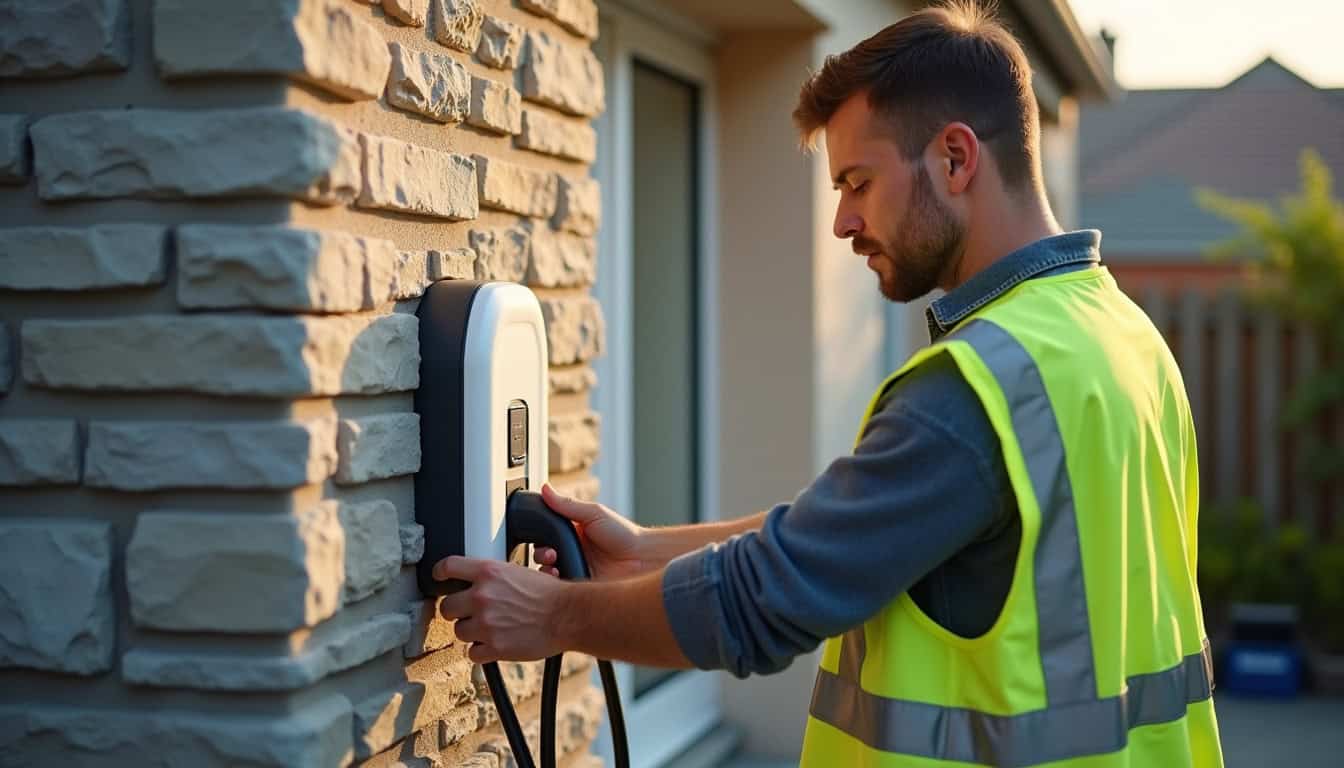 Électricien en train d'installer une borne de recharge en extérieur