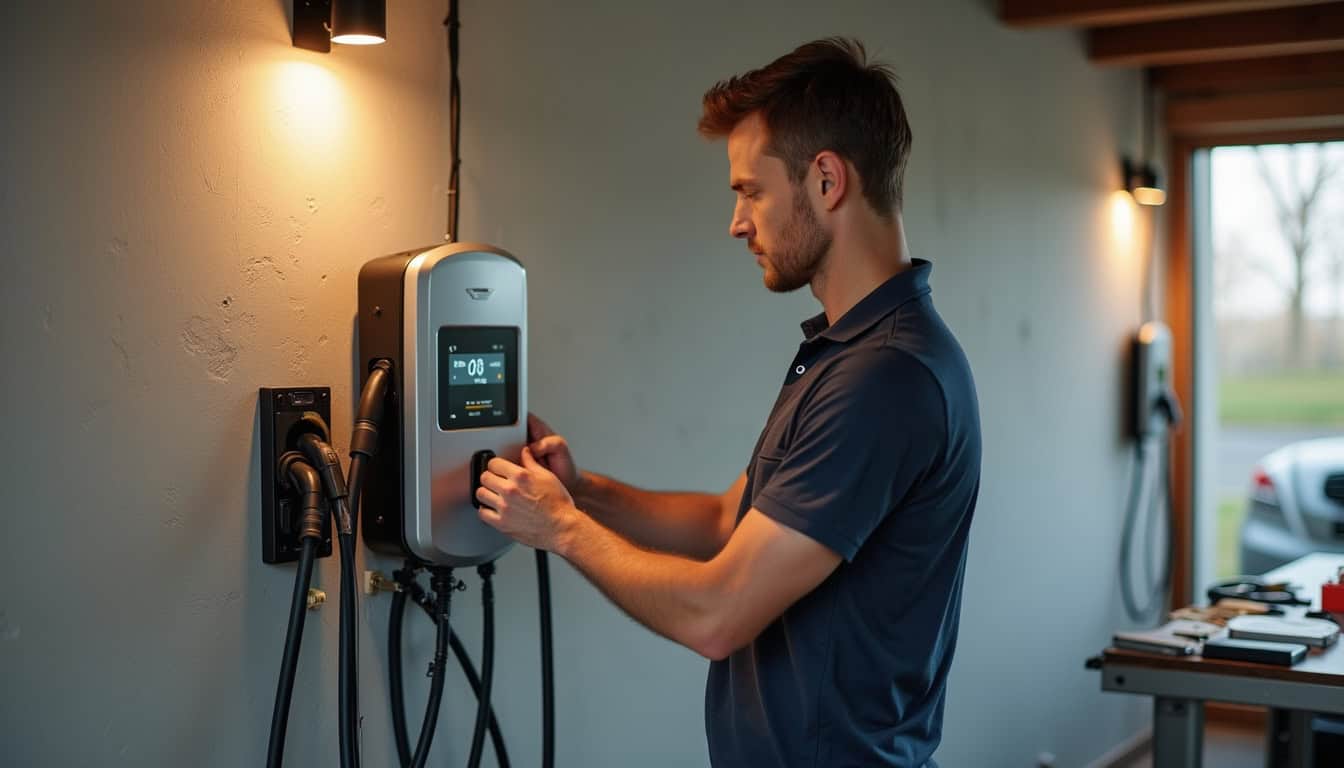 Électricien en train d'installer une borne de recharge mural à Meslan