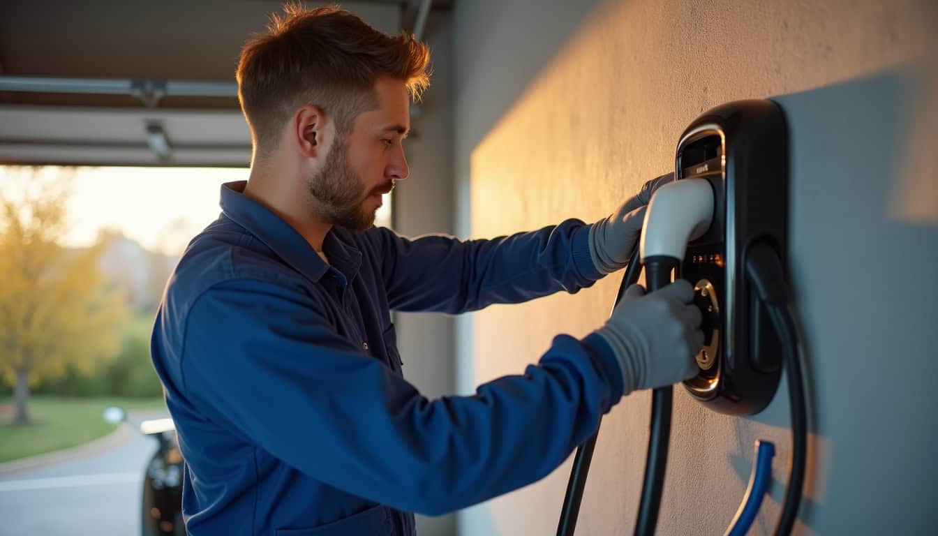 Électricien en train d’installer une borne de recharge murale à Avallon