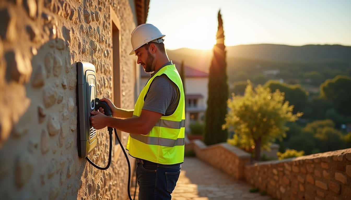 Électricien en train d’installer une borne de recharge murale à Bonnieux