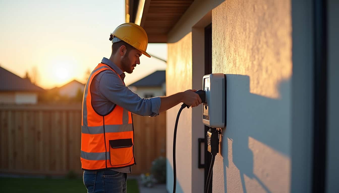 Électricien en train d’installer une borne de recharge murale à La Réorthe