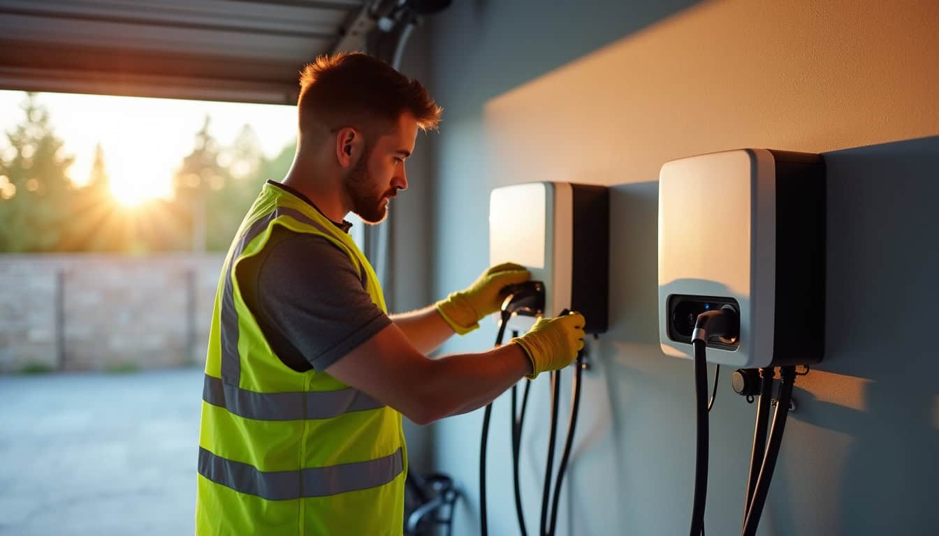Électricien en train d'installer une borne de recharge murale à Latour-Bas-Elne