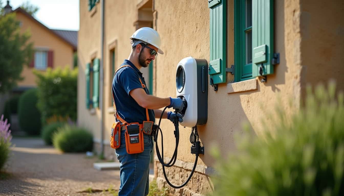 Électricien en train d'installer une borne de recharge murale à l'extérieur d'une maison à La Redorte, équipé de gants de protection