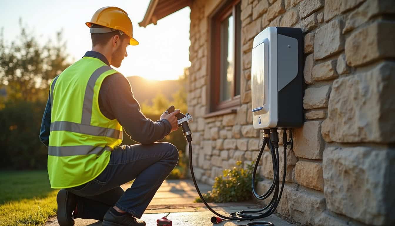 Électricien en train d'installer une borne de recharge murale à Montcy-Notre-Dame