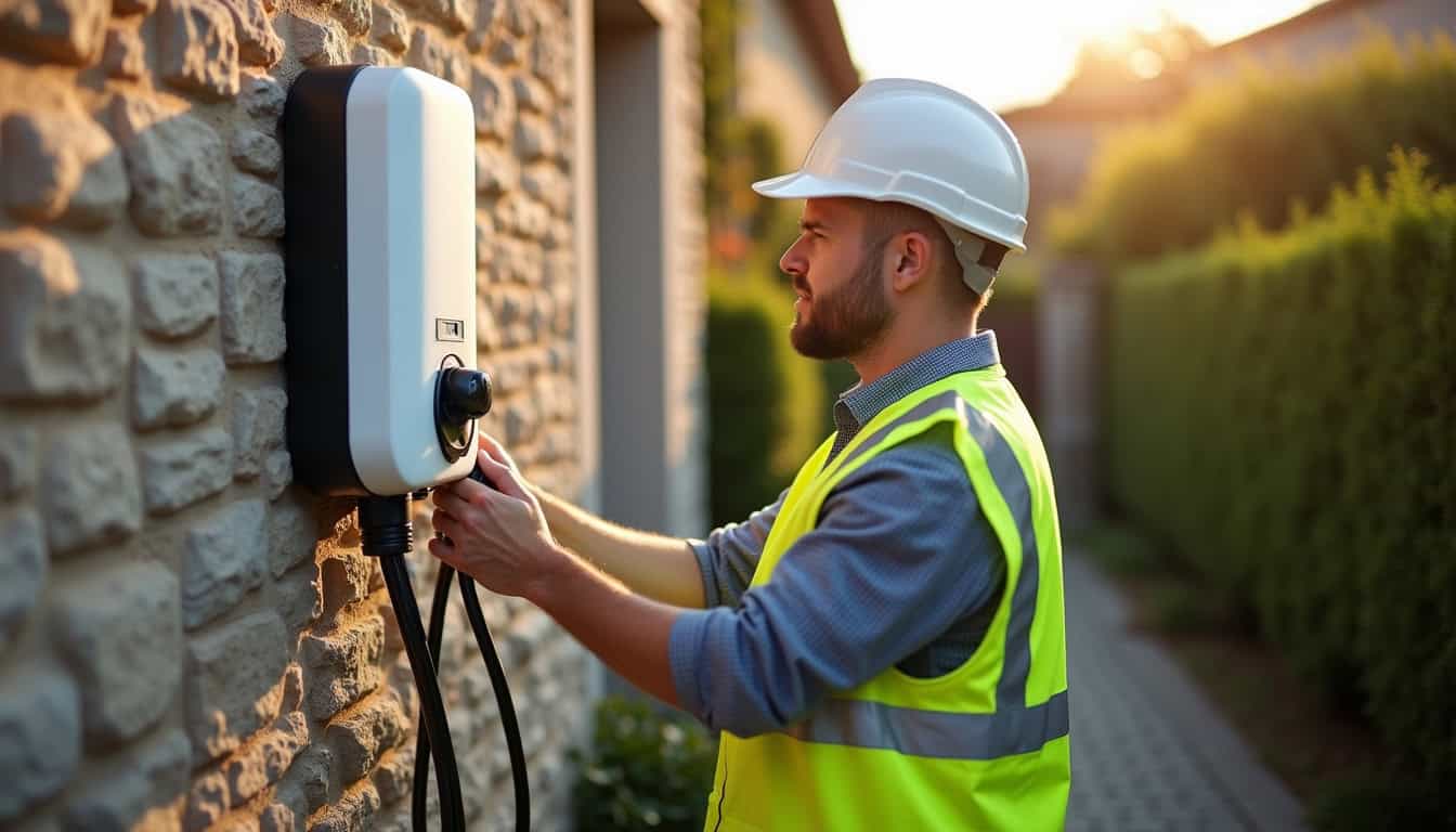 Électricien en train d’installer une borne de recharge murale à Saint-Pierre-du-Regard