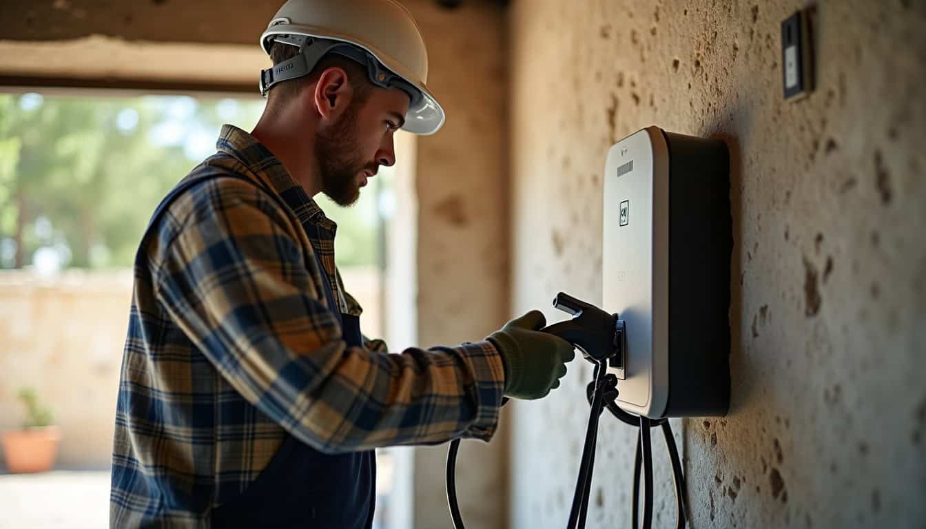 Électricien en train d’installer une borne de recharge murale à Vaison-la-Romaine