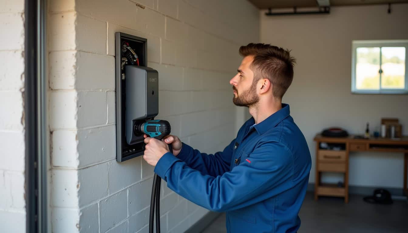 Électricien en train d'installer une borne de recharge murale dans un garage à Aigremont