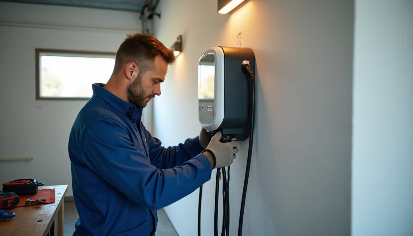 Électricien en train d'installer une borne de recharge murale dans un garage à Aulnat