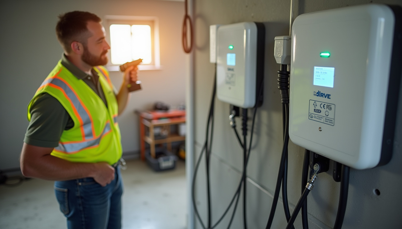 Électricien en train d’installer une borne de recharge murale dans un garage à Chaumontel