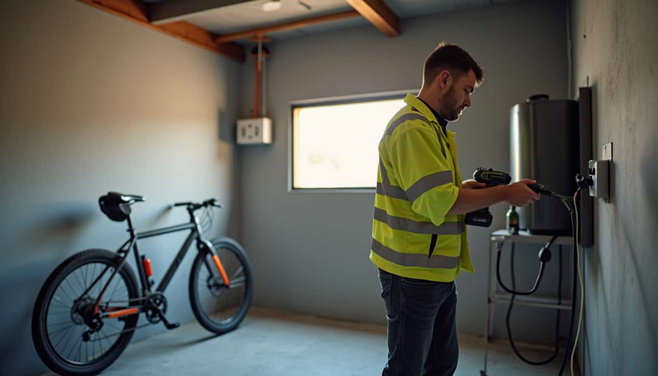 Électricien en train d’installer une borne de recharge murale dans un garage à Le Rheu