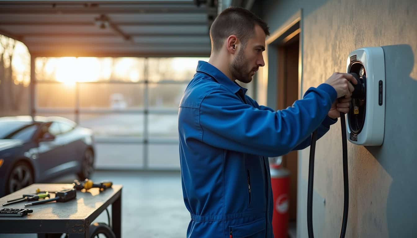 Électricien en train d’installer une borne de recharge murale dans un garage à Mélisey