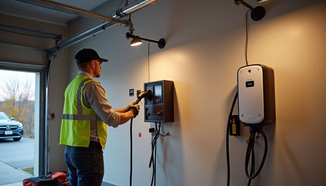 Électricien en train d'installer une borne de recharge murale dans un garage à Mirabel