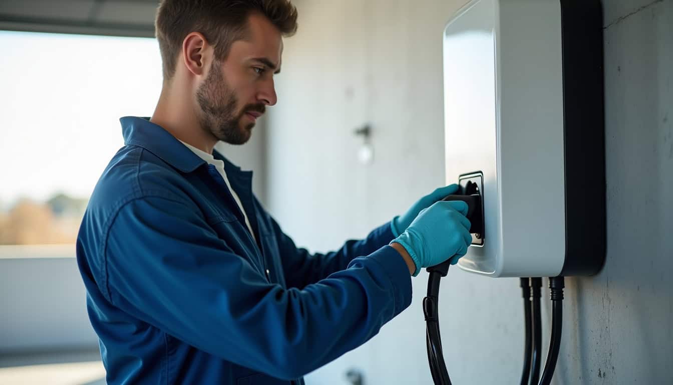 Électricien en train d'installer une borne de recharge murale dans un garage à Plogonnec