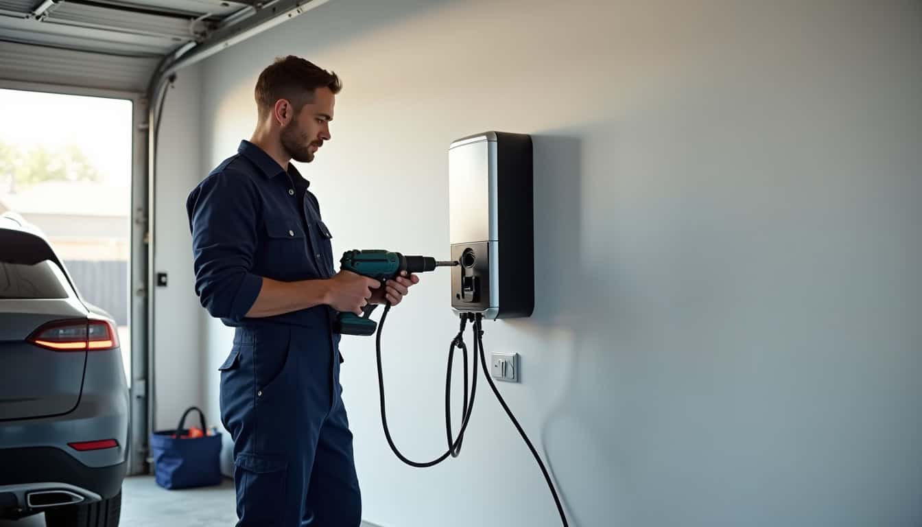 Électricien en train d'installer une borne de recharge murale dans un garage à Sailly-Labourse