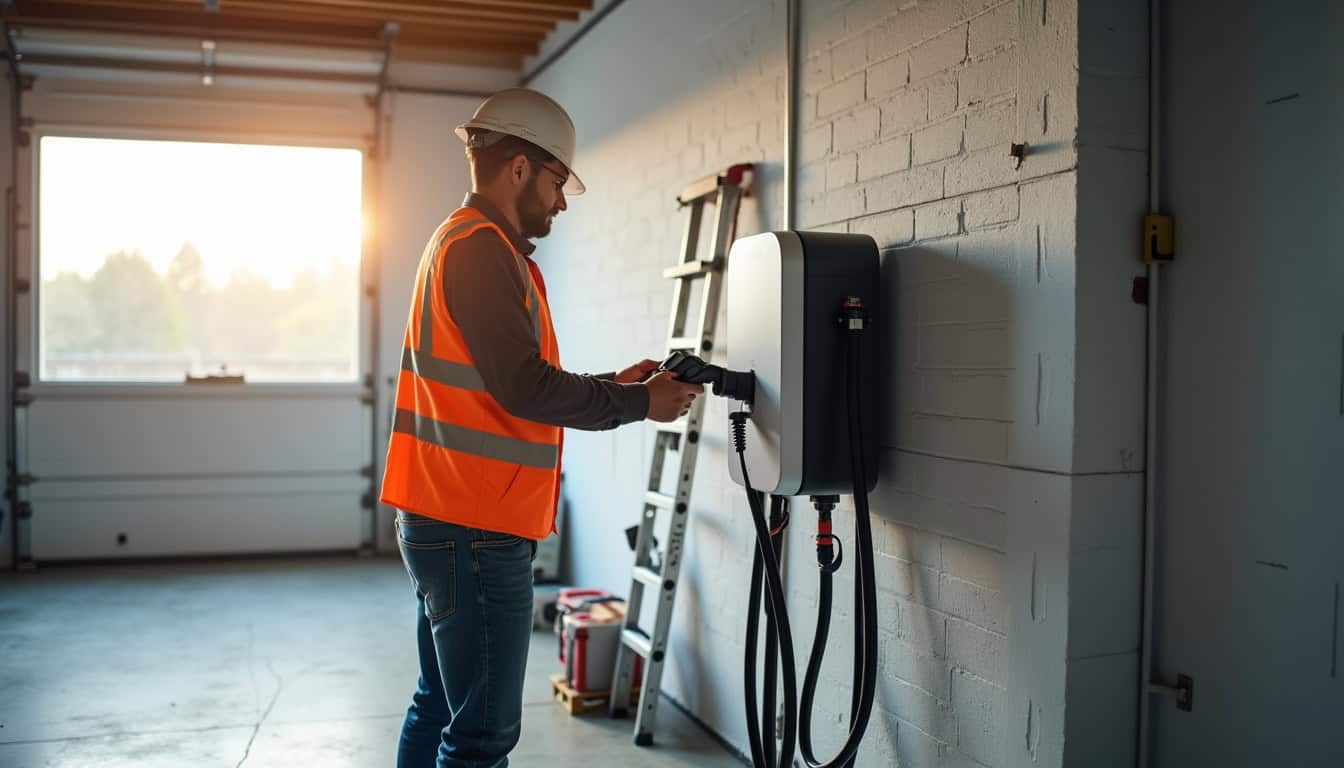 Électricien en train d'installer une borne de recharge murale dans un garage à Saint-Hilaire-de-Chaléons