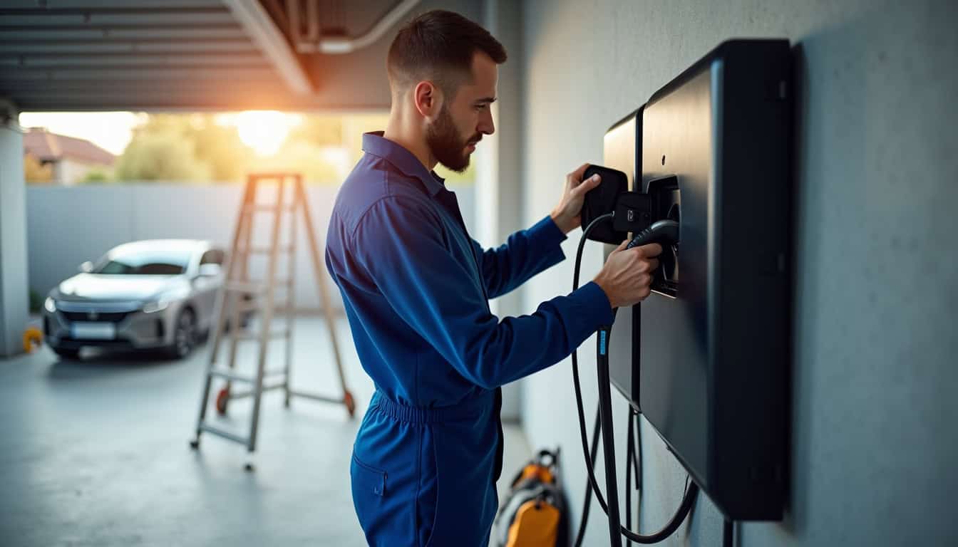 Électricien en train d’installer une borne de recharge murale dans un garage