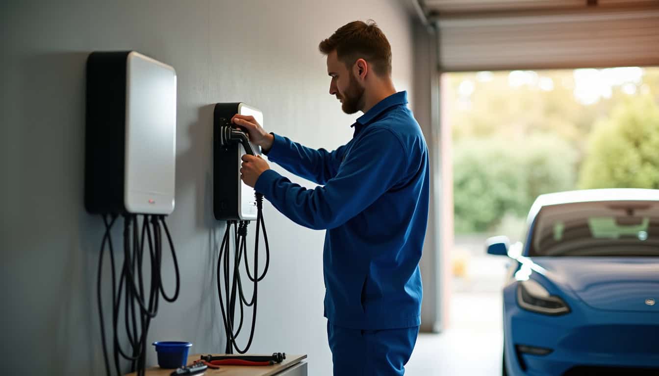 Électricien en train d'installer une borne de recharge murale dans un garage