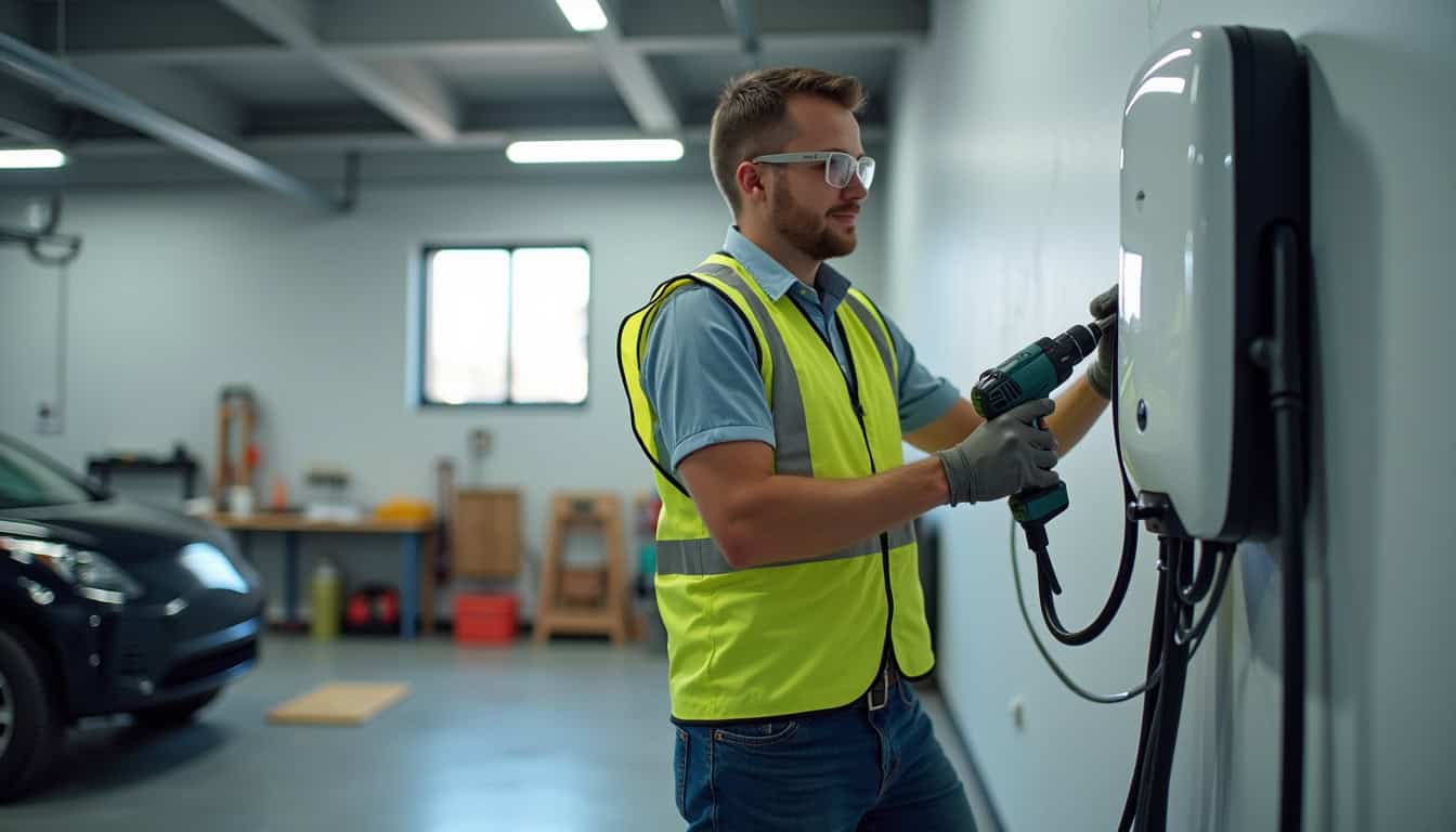Électricien en train d’installer une borne de recharge murale dans un garage
