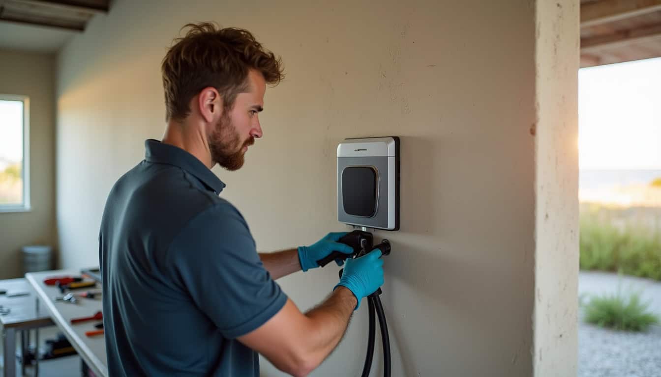 Électricien en train d’installer une borne de recharge murale dans une maison à Saint-Martin-de-Ré