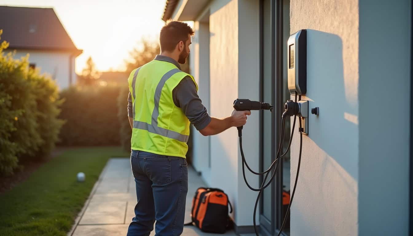 Électricien en train d’installer une borne de recharge murale devant une maison à Vémars