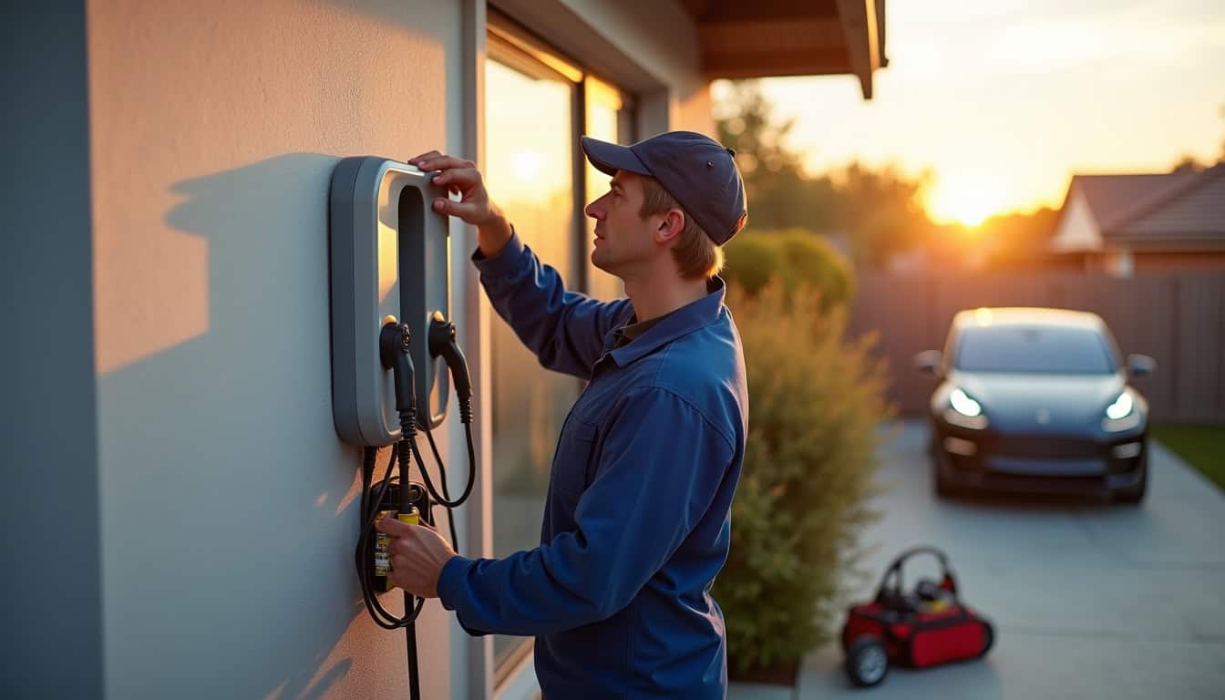 Électricien en train d’installer une borne de recharge murale pour véhicule électrique