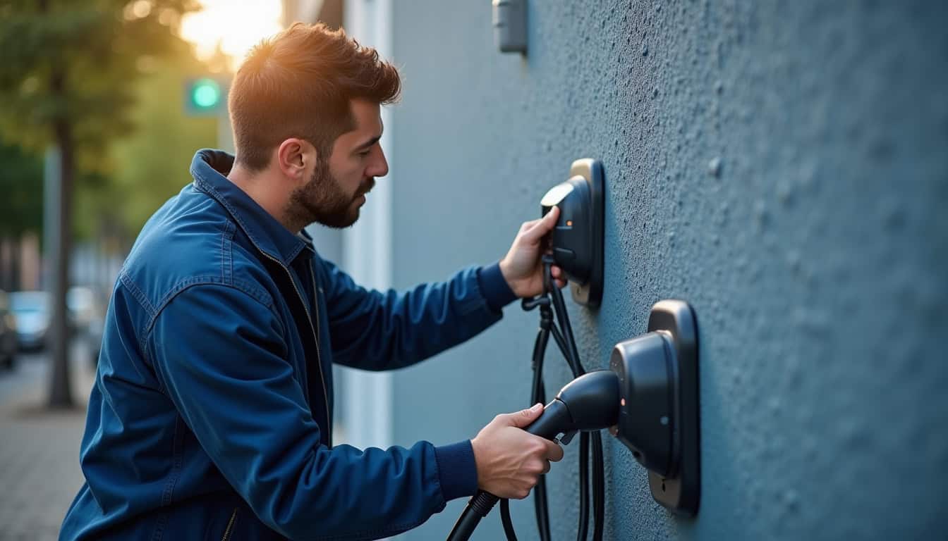 Électricien en train d'installer une borne de recharge murale pour véhicule électrique