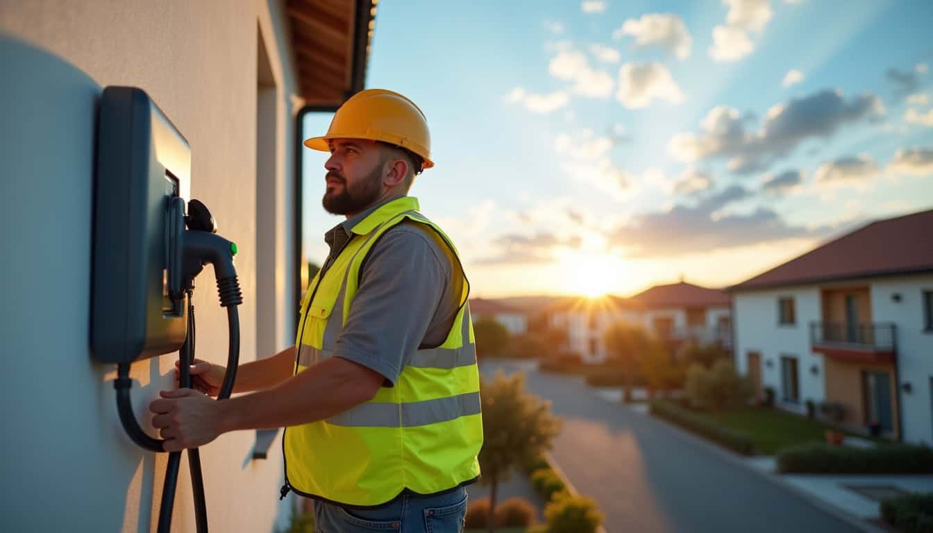 Électricien en train d'installer une borne de recharge murale sur un mur extérieur à Carcans
